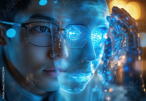 Wallpaper Mural Futuristic Human-Machine Interaction Concept Featuring a Young Man and a Holographic AI Face with Glowing Elements in a Tech-Driven Environment Torontodigital.ca