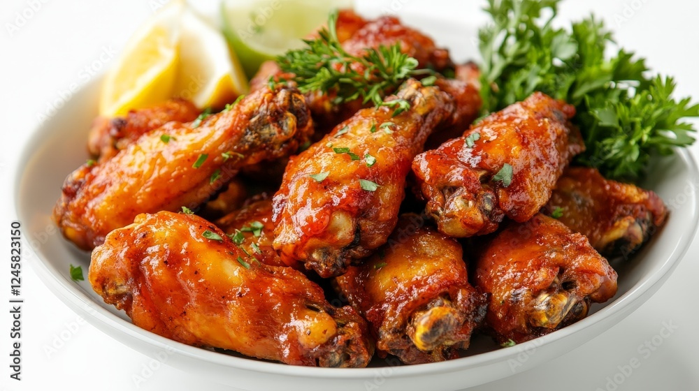A bowl of spicy chicken wings garnished with herbs and lemon wedges. A bowl of spicy chicken wings garnished with herbs and lemon wedges.