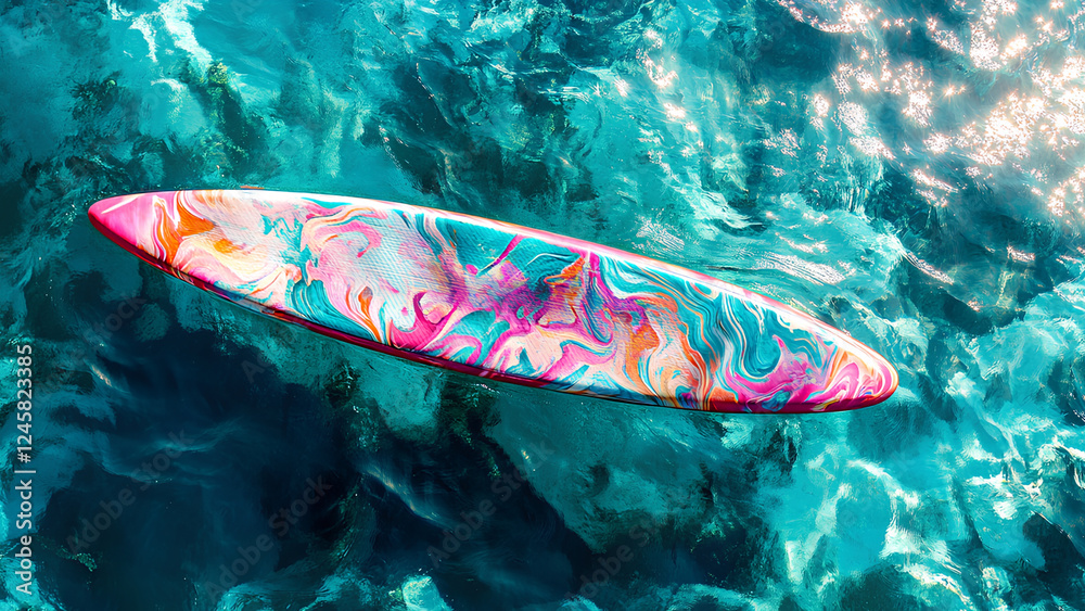 Vibrant Surfboard Floating on Crystal Clear Water Vibrant Surfboard Floating on Crystal Clear Water