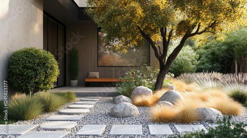 A front yard landscape design of a private house featuring low-maintenance plants, ornamental grasses, and neatly arranged rocks.  photo