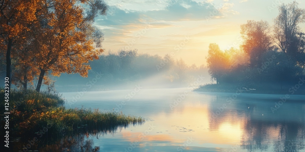 Serene autumn landscape with golden trees reflected in a calm river at sunrise, mist hovering over water, soft pastel sky colors creating tranquility. Serene autumn landscape with golden trees reflected in a calm river at sunrise, mist hovering over water, soft pastel sky colors creating tranquility.