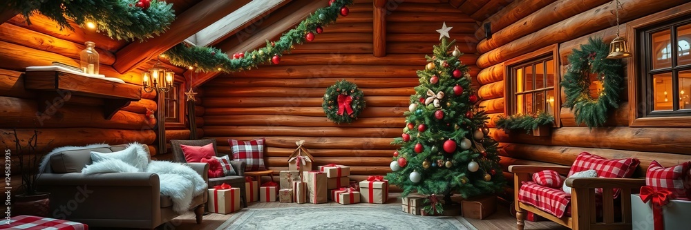 Cozy Christmas party in wooden chalet with decorated tree and presents, seasonal, chalet, decorations Cozy Christmas party in wooden chalet with decorated tree and presents, seasonal, chalet, decorations