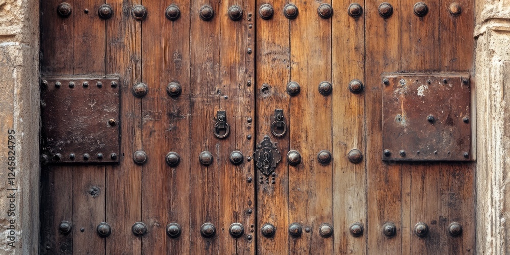 Fototapeta premium Rustic wooden double doors with metal studs and ornate hinges showcasing a weathered texture against a faded stone wall background.