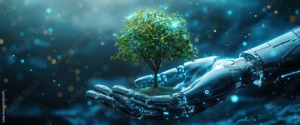 Fototapeta premium Futuristic Robot Hand Nurturing Green Tree in Etherial Glow, Symbolizing Technology's Role in Nature Preservation and Harmony in Ecological Balance
