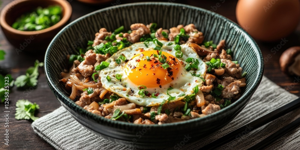 Stir-fried pork and mushrooms with a sunny-side-up egg on top, garnished with chopped green onions and cilantro in a dark ceramic bowl. Stir-fried pork and mushrooms with a sunny-side-up egg on top, garnished with chopped green onions and cilantro in a dark ceramic bowl.
