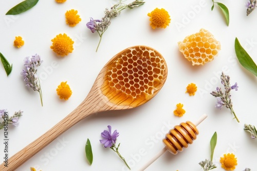 flat lay photo, Wooden honey spoon and fresh honeycomb on white background. Delicious and healthy natural food concept