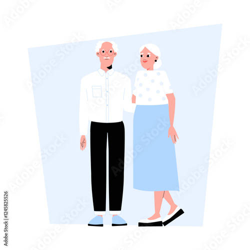 Elderly Couple Standing Together In Flat Vector Illustration Symbolizing Love, Long Term Relationship, And Aging Gracefully, Isolated On White Background