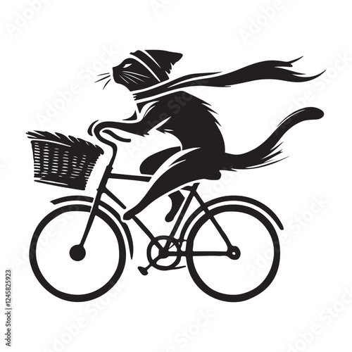 Fashionable cat riding bicycle silhouette vector graphic element stock