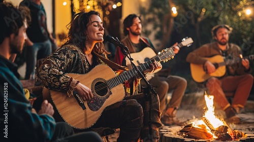 Folk songs sung around campfires under the stars foster a magical ambiance as musicians unite with acoustic guitars, sharing soulful melodies, stories, and deep connections. photo