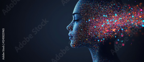A digital representation of a woman's profile, with vibrant particles emanating from her head, symbolizing creativity and thought.