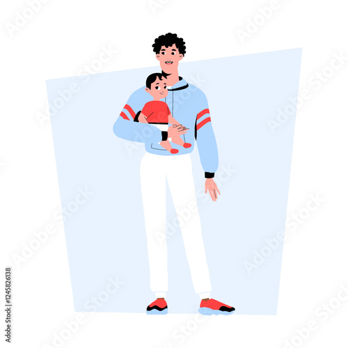 Father Holding His Baby In Flat Vector Illustration Symbolizing Parenthood, Fatherhood, And Family Bonding, Isolated On White Background