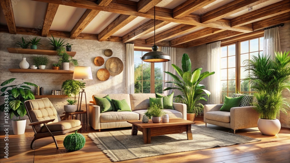 Fototapeta premium Boho Living Room Decor: Wooden Beams, Plants, Bright Interior Design