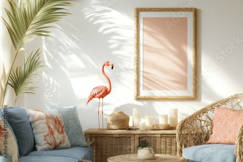 Coastal living room mockup, flamingo decor, sunlight shadows, wicker furniture, poster frame photo
