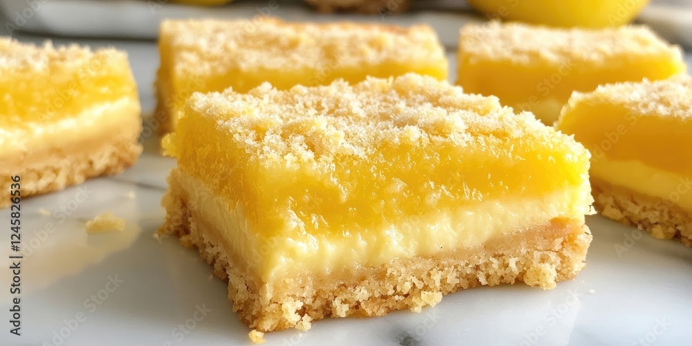 Delicious lemon dessert bars with a creamy yellow filling on a golden crust arranged diagonally, featuring a bright yellow lemon backdrop. Delicious lemon dessert bars with a creamy yellow filling on a golden crust arranged diagonally, featuring a bright yellow lemon backdrop.