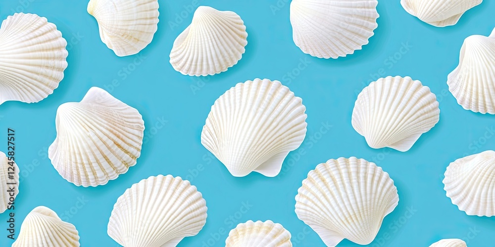 White scallop shells scattered on a vibrant turquoise background, showcasing various sizes and shapes, ideal for beach or ocean-themed designs. White scallop shells scattered on a vibrant turquoise background, showcasing various sizes and shapes, ideal for beach or ocean-themed designs.