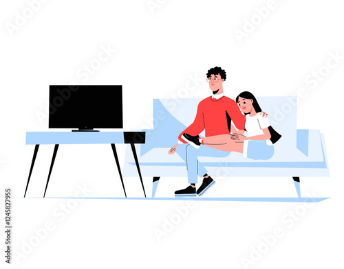 Couple Watching TV On A Couch In Flat Vector Illustration Symbolizing Relaxation, Home Entertainment, And Quality Time, Isolated On White Background