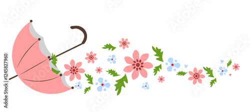 Umbrella with pink and blue flowers on a white background. Greeting Card