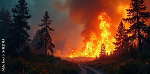 Turbulent air swirls with fiery sparks as pine forest erupts in flame, wildfire explosion, fire