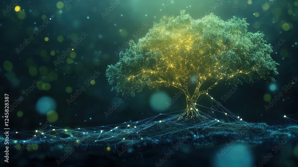 Fototapeta premium Illuminated Tree with Network Connections in Fantasy Landscape