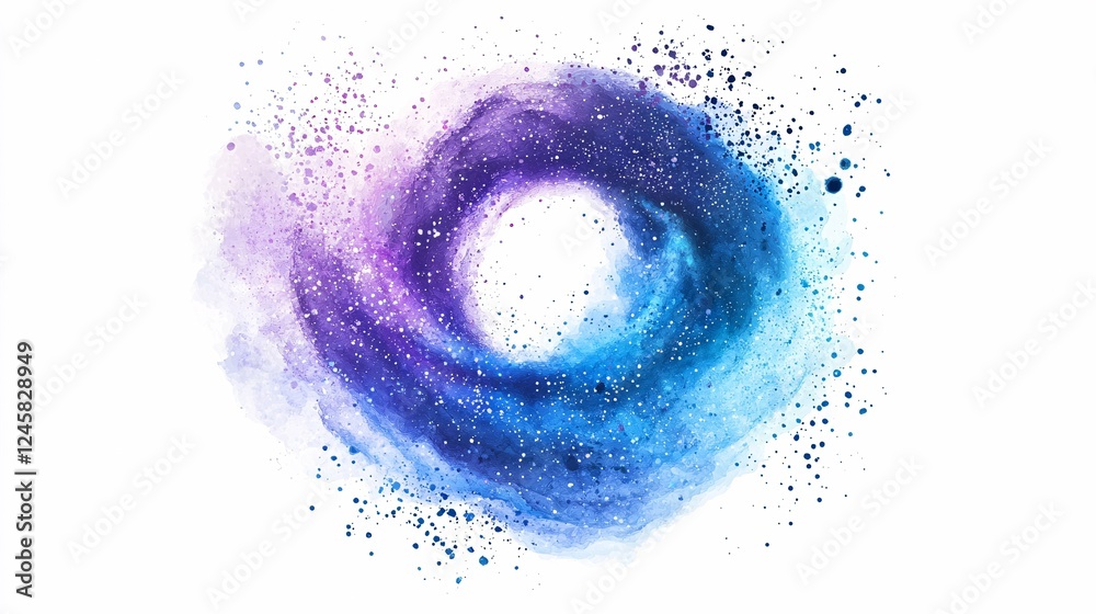 Fototapeta premium A mesmerizing watercolor galaxy swirl combines deep blues, purples, and sparkling whites, ideal for art prints or digital backgrounds on a white backdrop.
