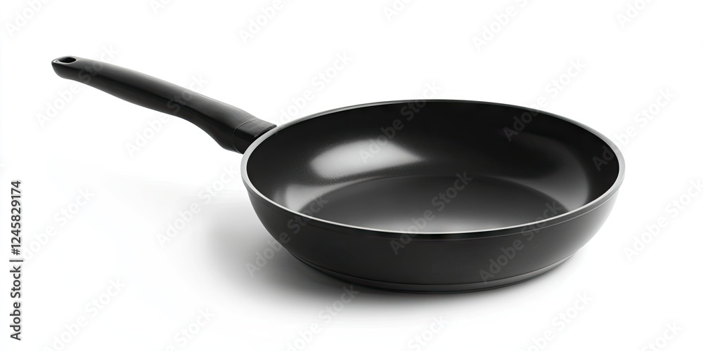 Black non-stick frying pan with smooth interior, angled handle positioned on the left, set against a clean white background for a minimalist look. Black non-stick frying pan with smooth interior, angled handle positioned on the left, set against a clean white background for a minimalist look.