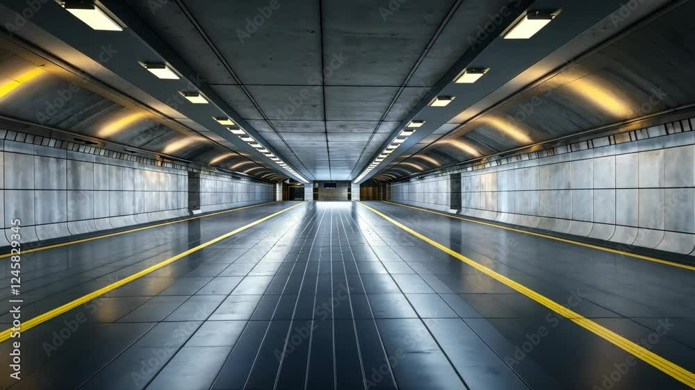 Futuristic Underground Tunnel Corridor with Yellow Lines Modern Architecture Industrial Design