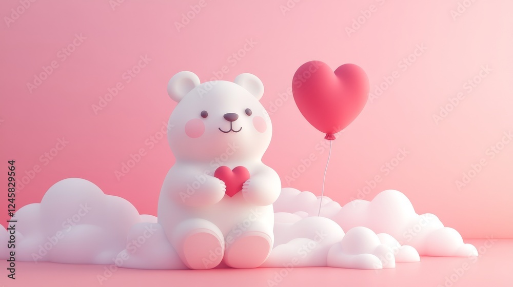Illustration of love: a happy bear with a heart balloon in a pink sky. Wedding-themed 3D vector art. Illustration of love: a happy bear with a heart balloon in a pink sky. Wedding-themed 3D vector art.