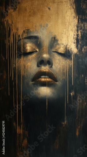 Wallpaper Mural Womans face fades into the air her sad expression illuminated by soft diffused light Muted gold abstract pattern velvety texture dark mysterious background surrealist canvas painting Torontodigital.ca