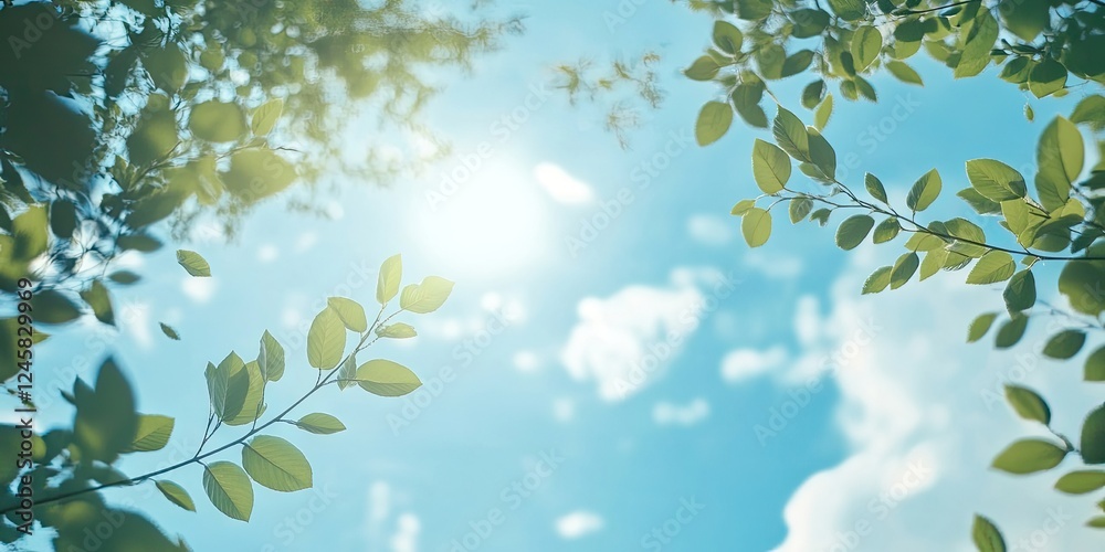 Vibrant summer sky with soft white clouds above bright sunlight filtering through green leaves framing the image from the bottom corners. Vibrant summer sky with soft white clouds above bright sunlight filtering through green leaves framing the image from the bottom corners.