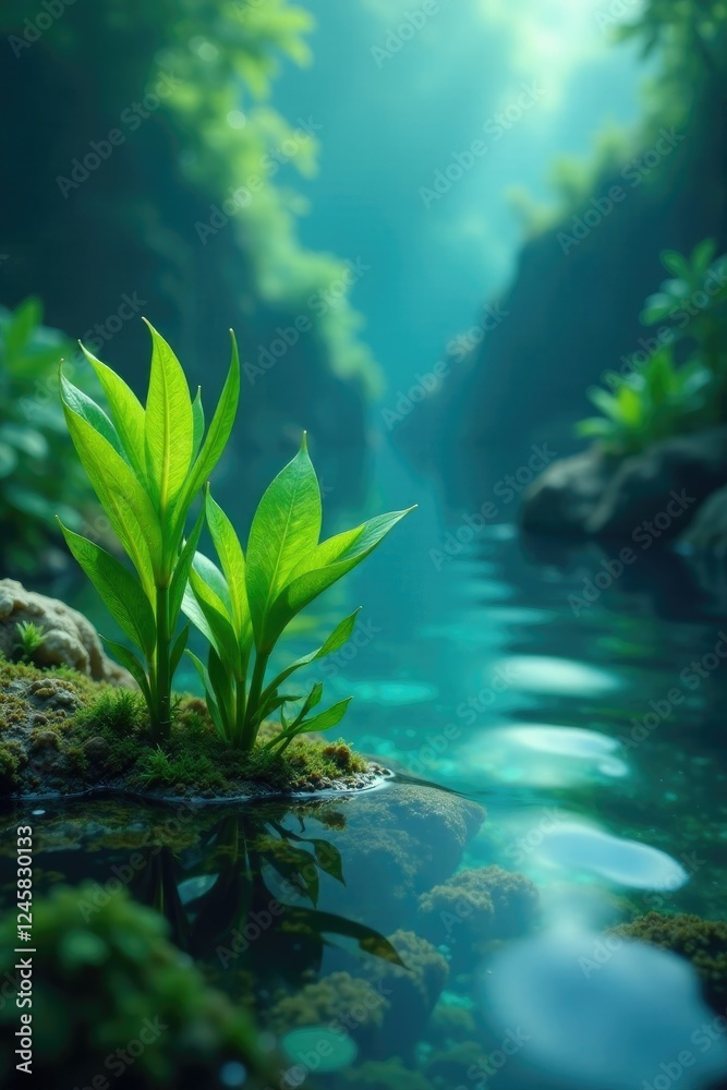 Obraz premium Aquatic plants growing in shallow pool of water, water, blue