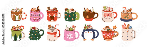 Hot Christmas drinks in cute mugs, set. Sweet cocoa, coffee with cream, cinnamon stick, candy cane, marshmallows. Cozy winter holiday beverage. Flat vector illustration isolated on white background