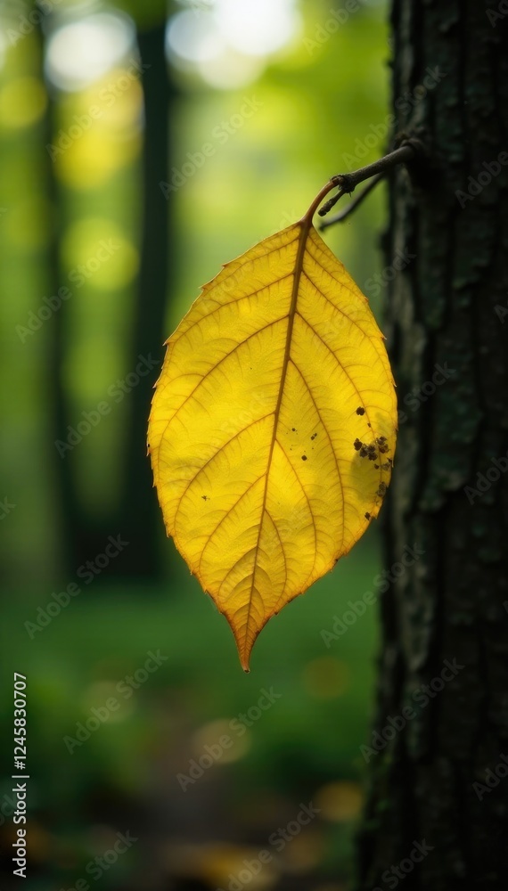 Obraz premium A yellow leaf clinging to a branch in the forest, trees, yellow, natural elements