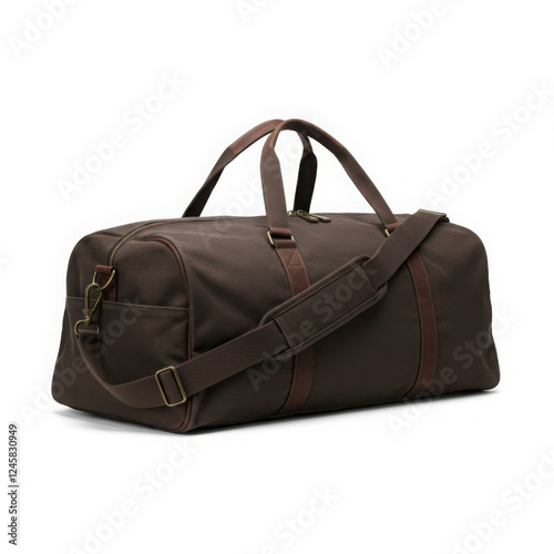 Brown Leather Duffel Bag with Adjustable Strap for Travel and Sports isolated on white background