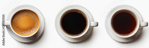 top view of three ceramic coffee cups isolated on white background