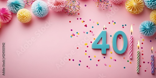 Wallpaper Mural Colorful birthday celebration layout featuring pastel decorations, vibrant confetti, and a prominent number 40 in teal on a pink background. Torontodigital.ca