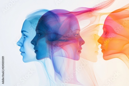 wide view, Creative arrangement of human profiles and fractal lines as a concept mental life, white background, simple lifestyle