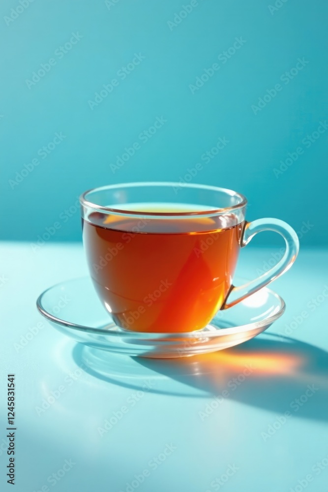 Delicate glass cup and saucer on a light blue surface, glass, tea, blue Delicate glass cup and saucer on a light blue surface, glass, tea, blue