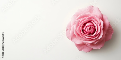 Delicate pink rose positioned on the top right against a soft white background, emphasizing its intricate petals and gentle hues.