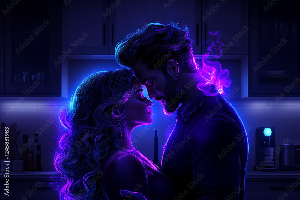 artistic illustration of a couple embracing intimately in a kitchen, highlighted with vibrant neon colors artistic illustration of a couple embracing intimately in a kitchen, highlighted with vibrant neon colors