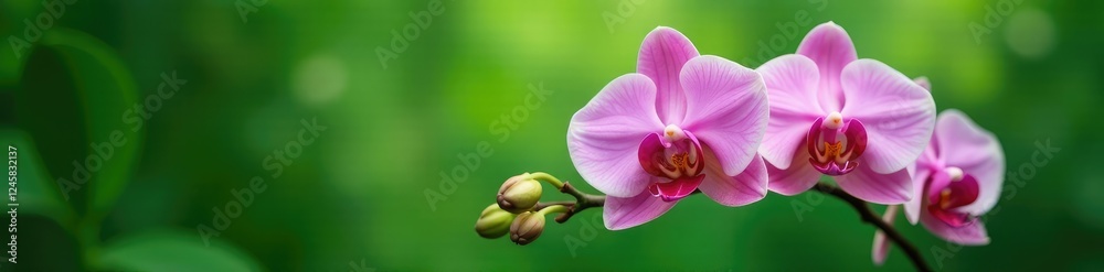 Fototapeta premium Delicate pink orchids in bloom on a lush green background, flower arranging, greenery