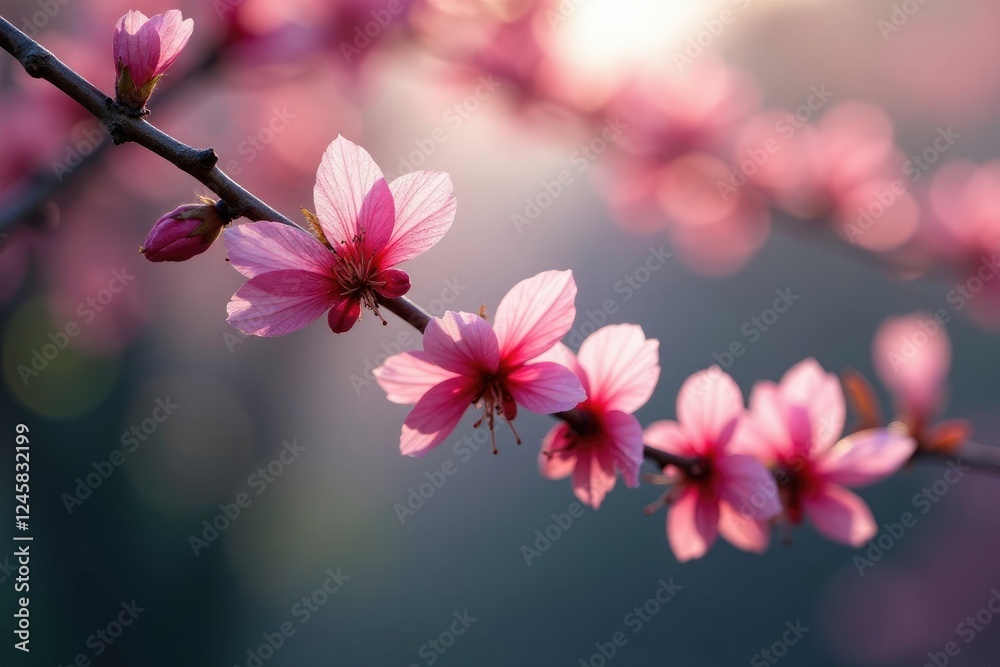 Obraz premium Delicate pink petals dangle from bare branches, higan, trees, nature