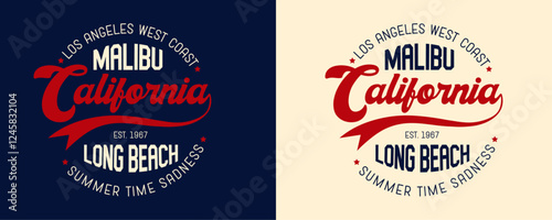 California Los Angeles West Coast Malibu Long Beach Summer Time sadness 1967 retro college varsity typographic vector graphic.