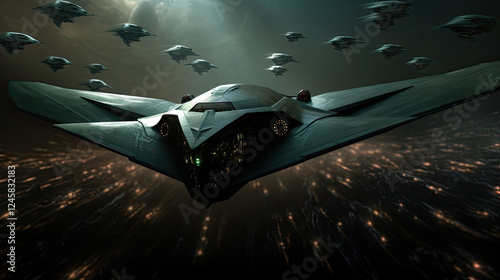 A Massive Starship Leads a Fleet Through a Starfield