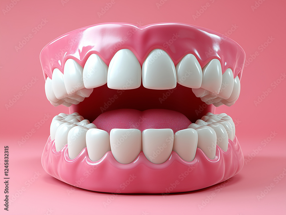 Obraz premium large, realistic model of open mouth with white teeth and pink gums against pink background, showcasing dental health and oral anatomy