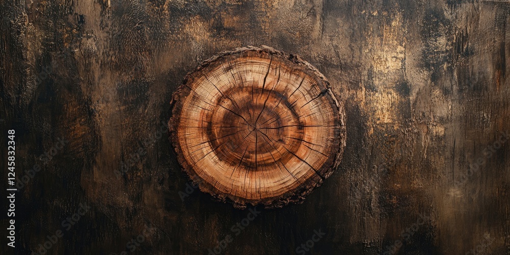 Fototapeta premium Wooden tree stump on a dark textured background, showcasing rich brown tones and intricate grain patterns, centered for a rustic aesthetic.
