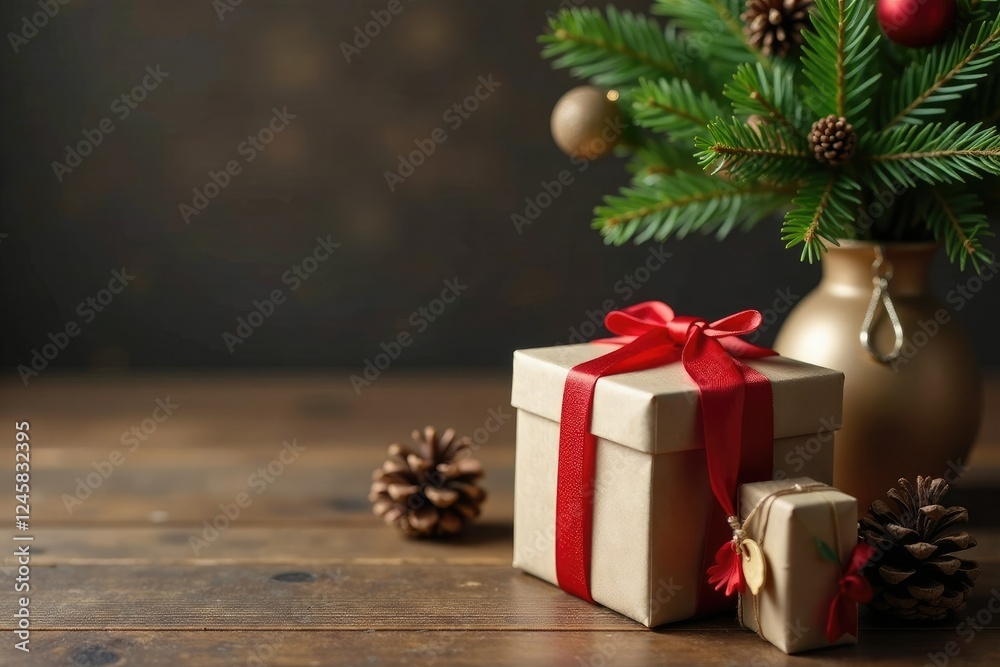 Gift boxes on a wooden table with a vase of evergreen branches and pinecones, cozy, christmas decorations Gift boxes on a wooden table with a vase of evergreen branches and pinecones, cozy, christmas decorations