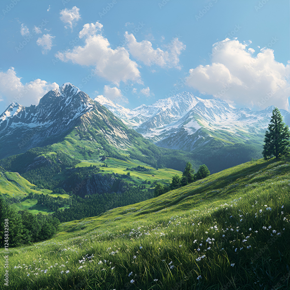 Obraz premium Majestic Mountain Vista: Captivating panoramic view of snow-capped mountains rising above verdant green hills and valleys, under a bright blue sky dotted with fluffy clouds. 