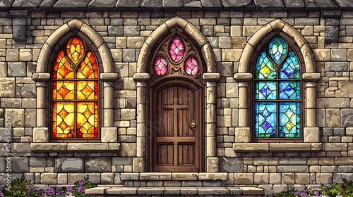 Medieval Stone Building Entrance with Stained Glass Windows.