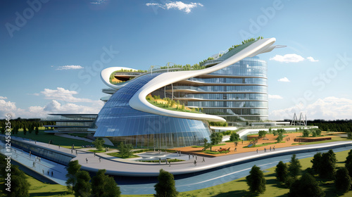 Futuristic Eco-Friendly Building Design with Solar Panels and Lush Greenery