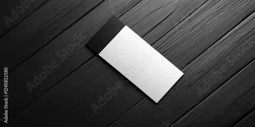 Elegant business card mockup displayed on a textured black wooden surface featuring a sleek black and white gradient design positioned centrally photo